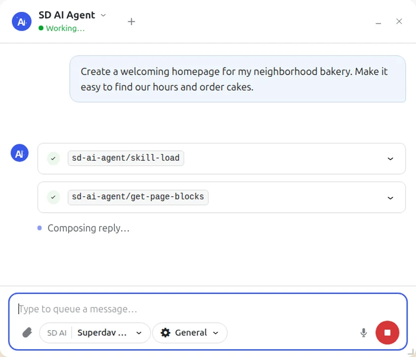 SD AI Agent inside WordPress working on a request to create a neighborhood bakery homepage